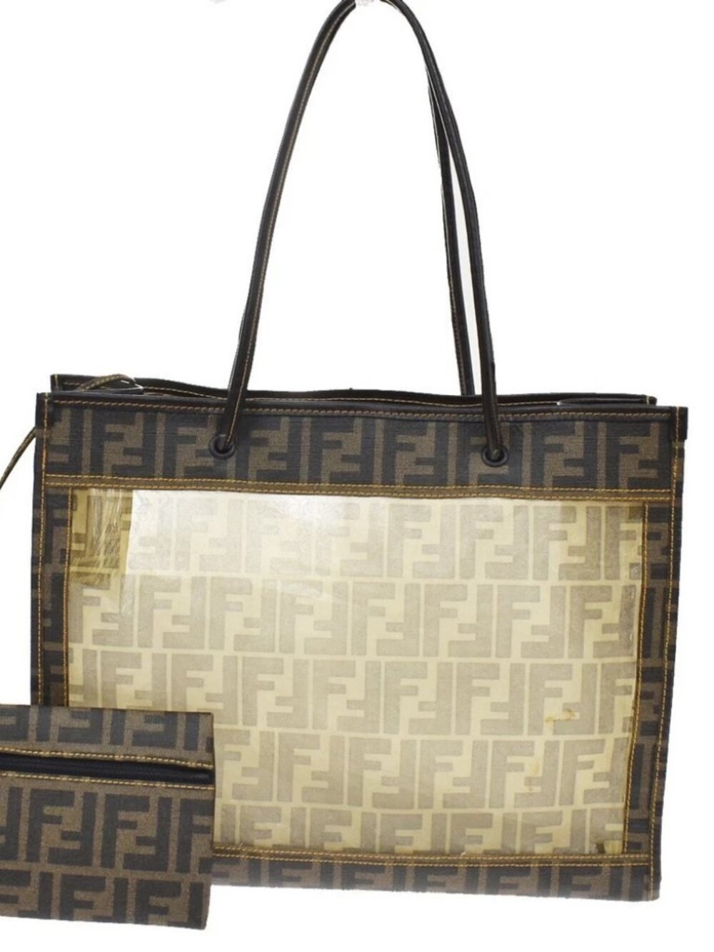 FENDI Zucca Pattern Tote Bag Mesh PVC Leather Brown Italy 95CB278